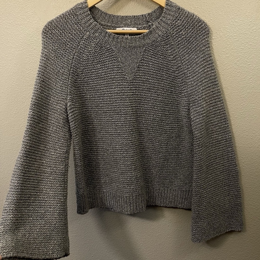 Madewell Knit Trumpet Sleeve Crew Sweater Oversized Gray Cozy Capsule Basic Sz S